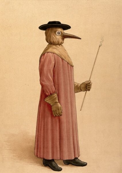 Drawing of a physician dressed in a red gown with leather gloves, boots, and beaked plague mask and wearing a black hat. The figure carries a smoking stick of incense.