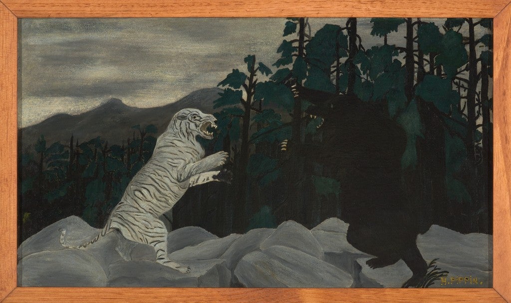 Painting of a mountain landscape with a tiger and bear rearing up to attack each other.
