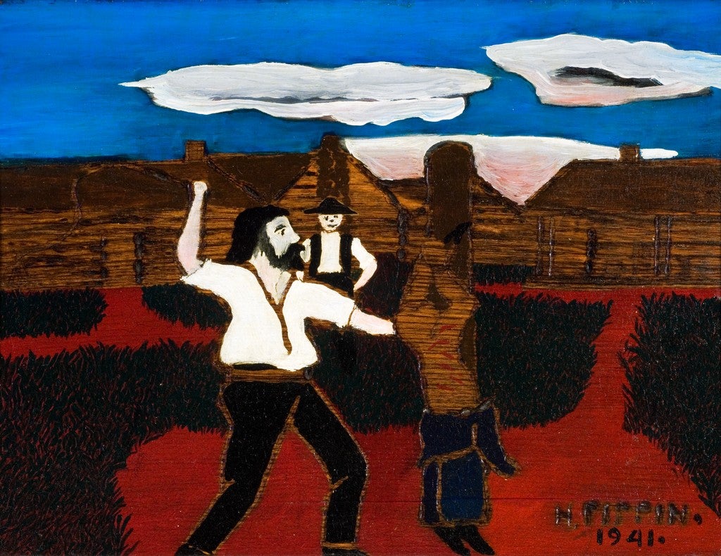 Painting of a man whipping another man who is tied to a post and stripped to his waist, while a third man looks on in the approval from the background. The texture of the underlying wood shows through in the walls of the cabins in the distance and in the flesh of the man being whipped.