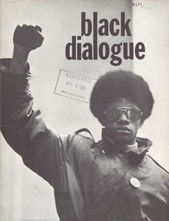 Cover of Black Dialogue, 07-01-1970, featuring a black-and-white picture of a man with his first raised in the "power" symbol