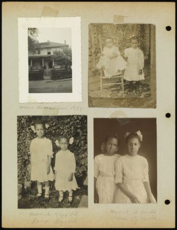 A scrapbook page of four family snapshots from the 1920s. The pictures include a house and three pictures of two girls, possibly sisters, photographed together at different ages.