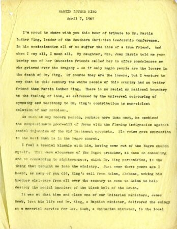 Aged yellow paper with the first page of a speech by Lewis A. McGee honoring the late Martin Luther King, Jr.