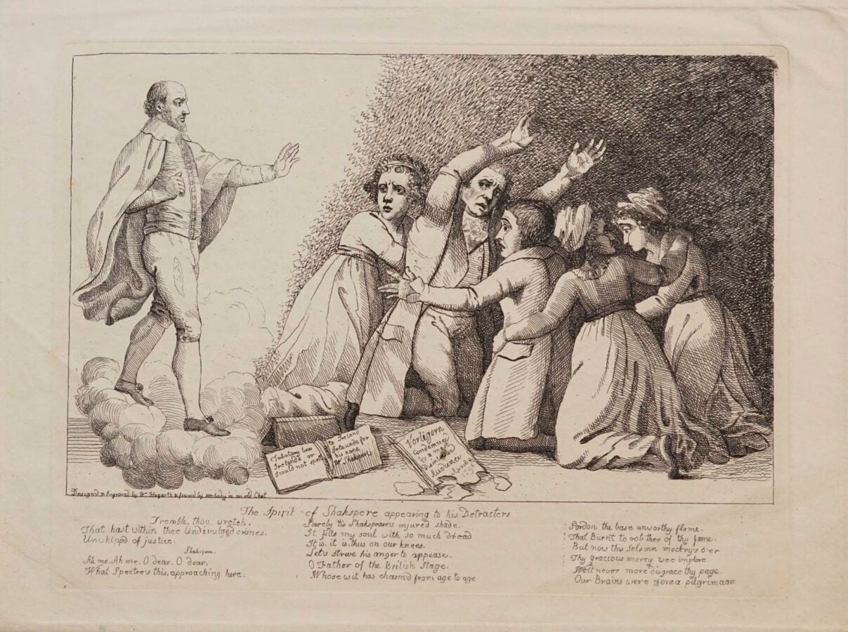 Black-and-white etching titled The Spirit of Shakspere Appearing to His Detracters, showing Shakespeare’s ghost confronting a group of frightened people.