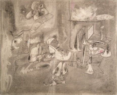 Charcoal and pastel drawing of overlapping biomorphic forms in gray tones, evoking dreamlike, floating figures with a soft sense of depth and motion.