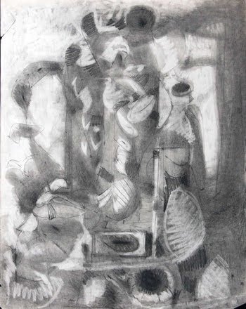 Monochrome graphite drawing showing a cluster of abstracted human-like figures surrounded by radiating lines and textures, creating a dense, dreamlike composition