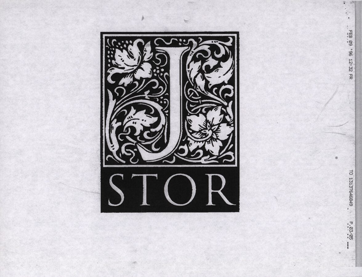 A black-and-white image of the original JSTOR logo design featuring an ornate capital "J" surrounded by floral decorations, with the word “STOR” in a serif font beneath. The design is centered on a light gray textured background.