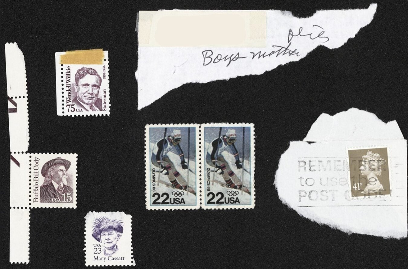 A collection of postage stamps and torn paper pieces arranged on a black background. The stamps include a 75-cent Wendell Willkie stamp labeled 'Statesman,' a 15-cent Buffalo Bill Cody stamp, a 23-cent Mary Cassatt stamp, two identical 22-cent USA Olympic 88 skier stamps, and a 41-pence British stamp featuring Queen Elizabeth II. Among the torn paper pieces, one has handwritten text reading 'Boys mother,' and another contains a printed reminder saying 'REMEMBER to use the POST.' Some stamps have remnants of tape or paper attached.