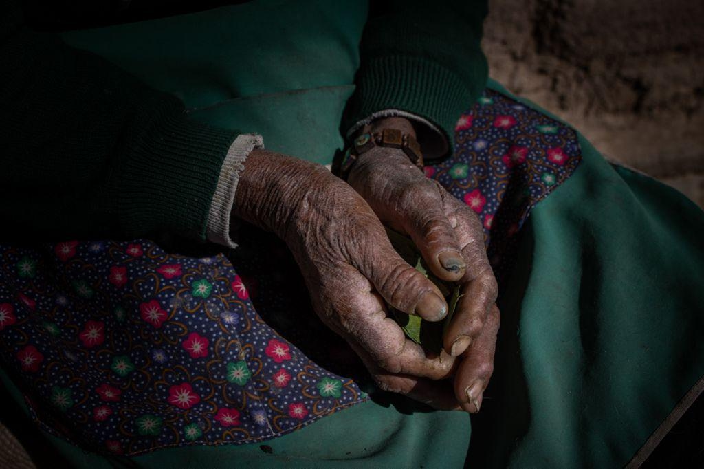 Close-up of an elderly person’s hands clasped together, showing textured skin and a colorful woven skirt in the background.
(Photograph by Yael Martinez, Magnum Photos.)