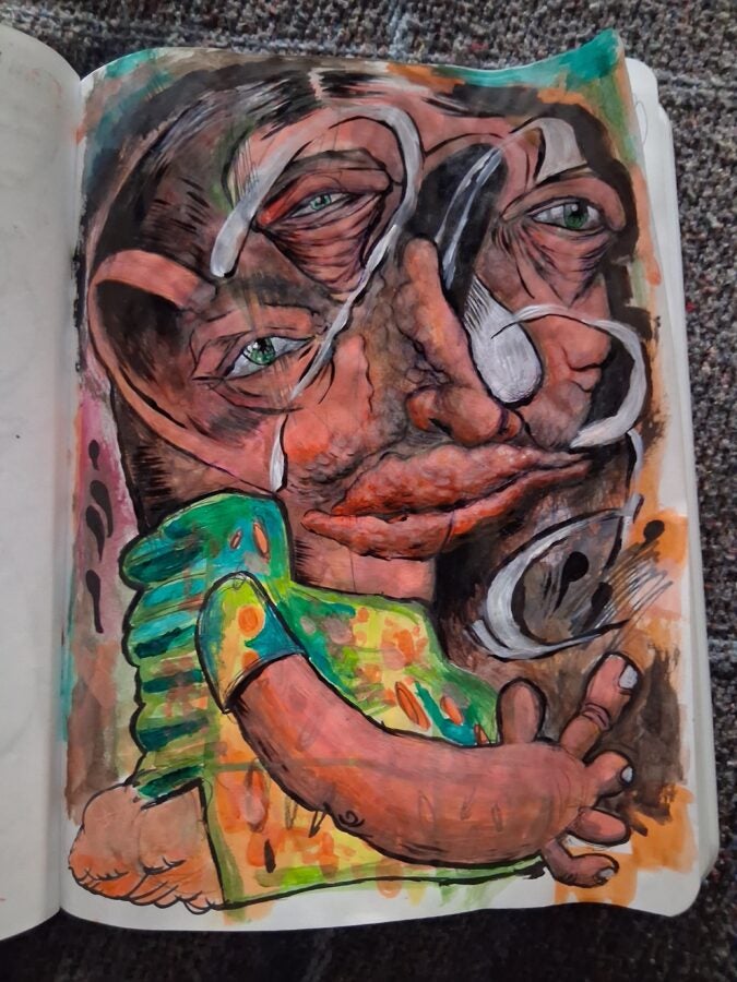 An expressive mixed-media artwork featuring a distorted human face with exaggerated features, including prominent eyes and a furrowed brow. The face is surrounded by vibrant colors and abstract shapes, conveying a sense of emotional intensity and complexity.