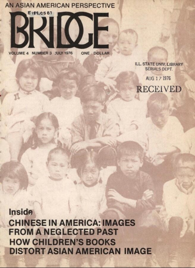 Cover of Bridge: Asian American Perspectives. 1976. Volume 4, Issue 3, featuring a black and white photograph of Asian children. The headline reads 'An Asian American Perspective' and the main article is titled 'From Neglected Past to an Imageless Present: How Children’s Books Distort Asian American Image.'