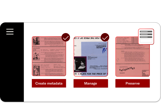 A digital interface displays three options for managing digital content: “Create metadata,” “Manage,” and “Preserve.” Each option is represented by a red-tinted image of a theater playbill. The first two options are marked with red checkmarks. A side menu icon is visible on the left, and a stacked document icon appears above the third option on the right.