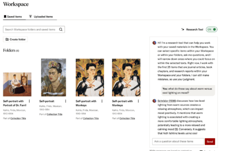 Screenshot of JSTOR Workspace: a grid of saved folders with Frida Kahlo self-portraits, and a Research Tool sidebar answering a question about warm vs. cool lighting.