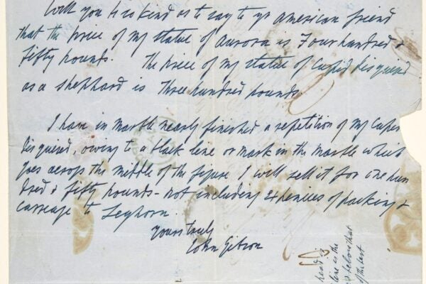 Handwritten letter on blue paper dated “Rome 9th Jan.y 1850” from sculptor John Gibson. He acknowledges a prior letter and quotes prices for his statues of Aurora (£450) and Cupid disguised as a shepherd (£300). The page shows brown stains and folds and is signed “John Gibson.” At the bottom is a pen sketch of a standing male figure with dotted measurement lines and notes about height and a dark line in the marble.