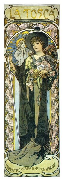 Art Nouveau poster by Alphonse Mucha for “La Tosca,” 1899. The tall, narrow composition shows actress Sarah Bernhardt in a flowing gown and large hat, holding flowers and a staff, framed by ornate decorative patterns and pastel tones of gold, cream, and soft green.