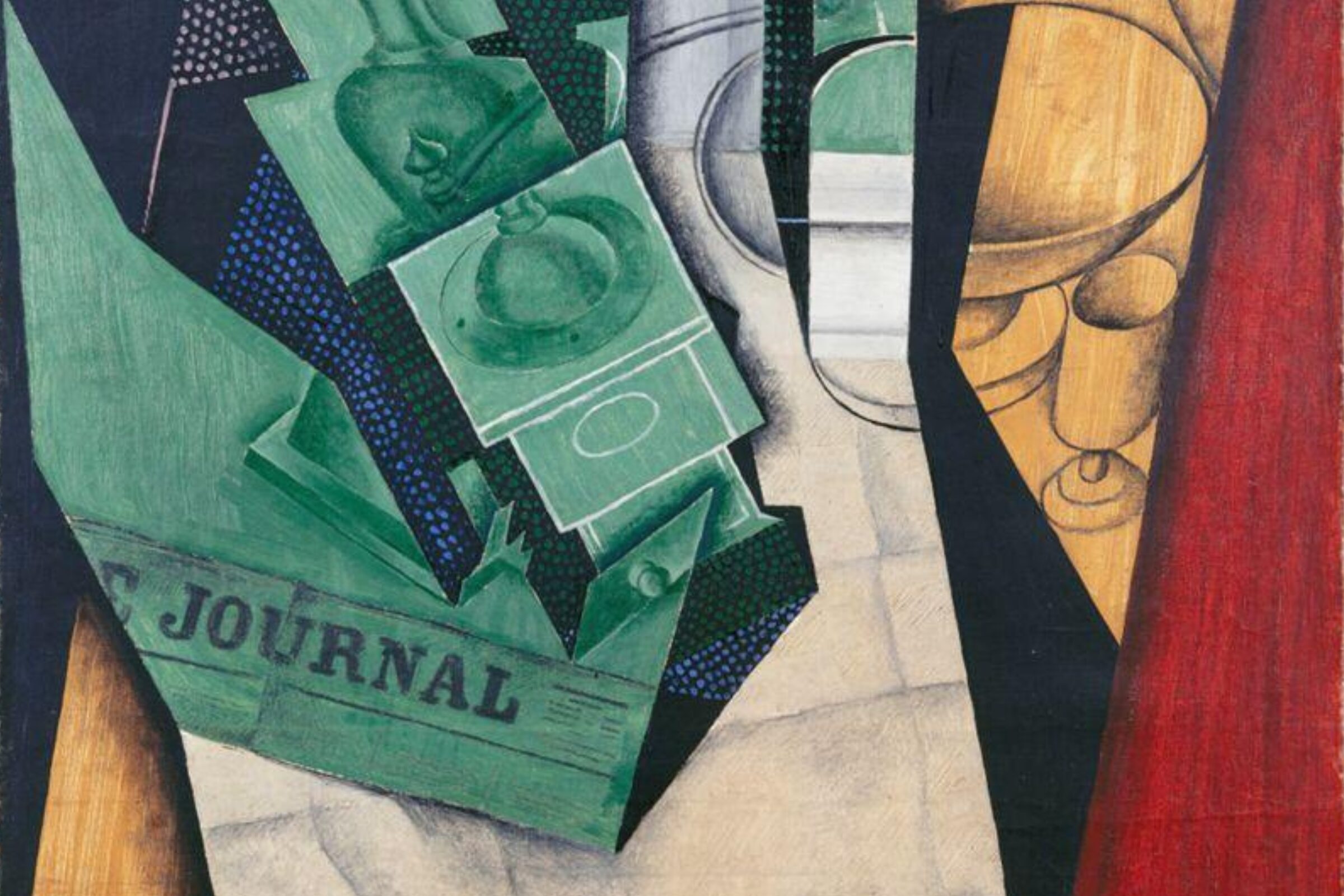 A Cubist painting composed of overlapping geometric shapes and fragments suggesting a breakfast table with cups, bottles, and a green newspaper titled Le Journal. The composition features sharp angles and bold colors of green, blue, beige, and red.