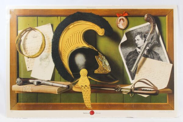 A still-life artwork featuring items associated with Lord Byron, including a gold-trimmed military helmet, a pistol, a sword, handwritten letters, and portraits, all arranged on a wooden shelf against a green background.