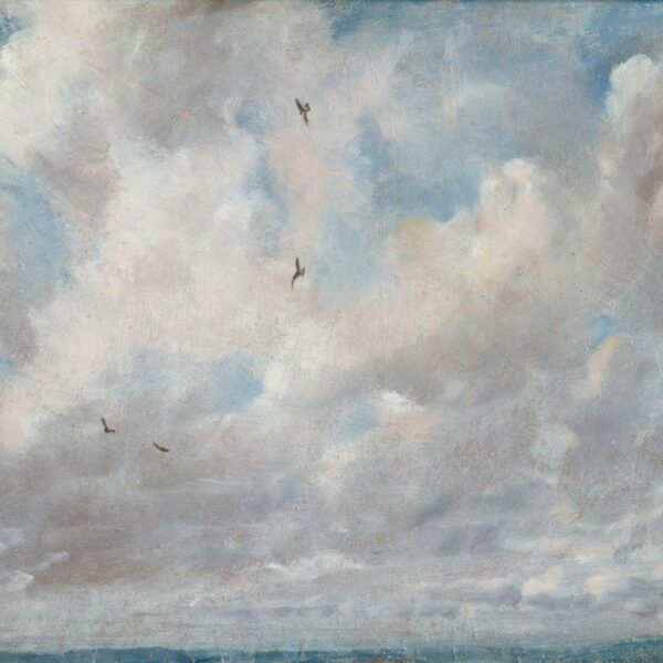 A soft, luminous painting of a sky filled with billowing white and gray clouds tinged with pink and blue. Four small birds glide through the air above a faint strip of blue horizon at the bottom.