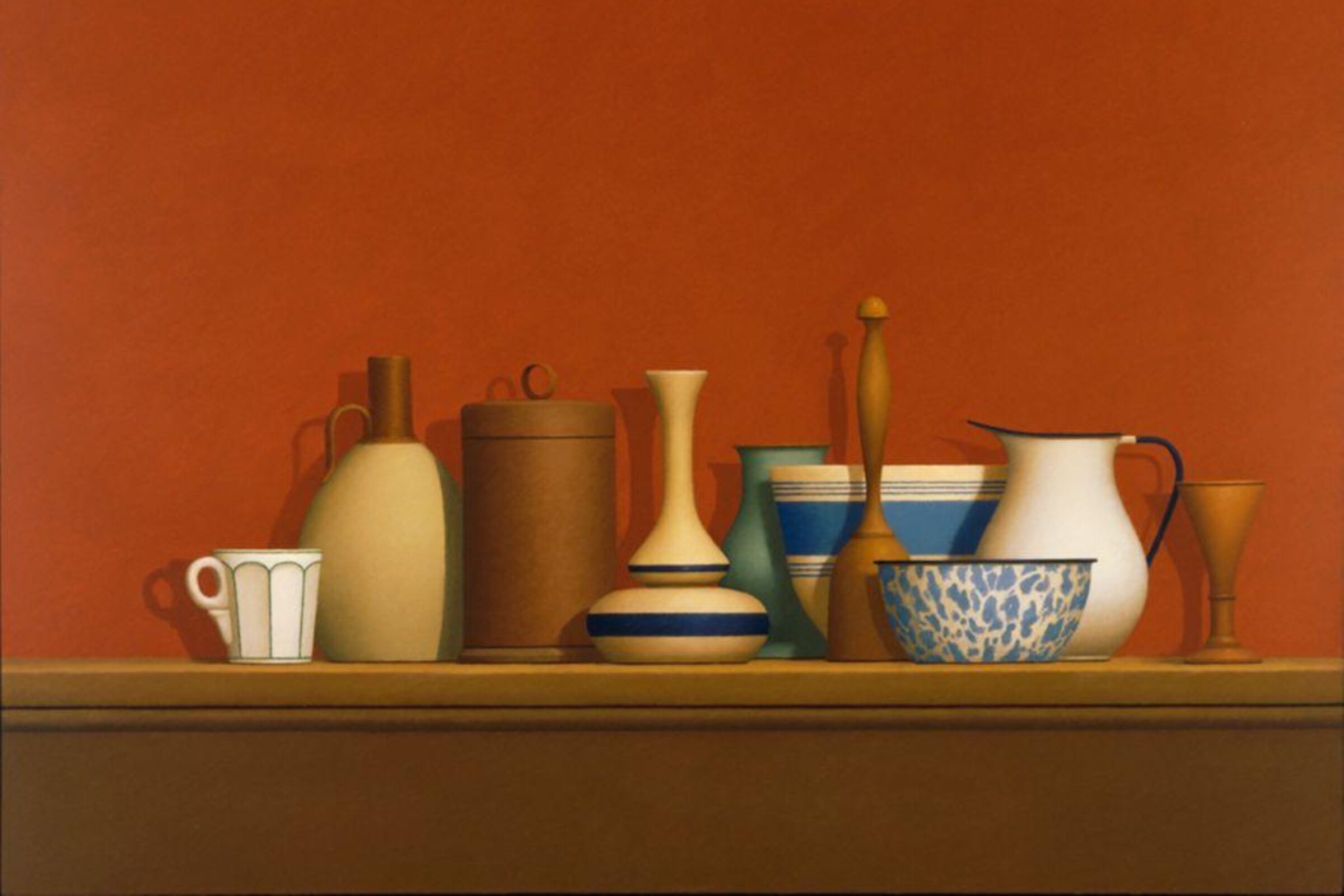 Still life of assorted ceramic and metal vessels arranged on a wooden shelf against a warm orange background, including cups, bowls, jugs, and vases in muted earth tones and blues.