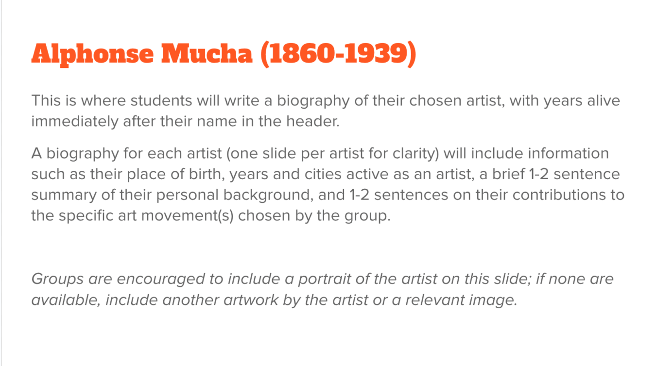 Slide titled “Alphonse Mucha (1860–1939)” with instructions for students to write an artist biography including birthplace, years active, background, and art movement contributions.