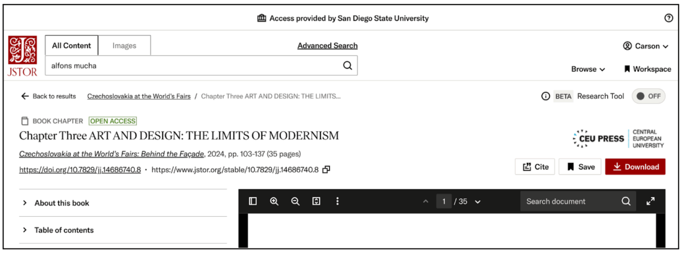 Screenshot of a JSTOR article view showing an open-access book chapter titled “Art and Design: The Limits of Modernism,” with options to save, cite, or download.