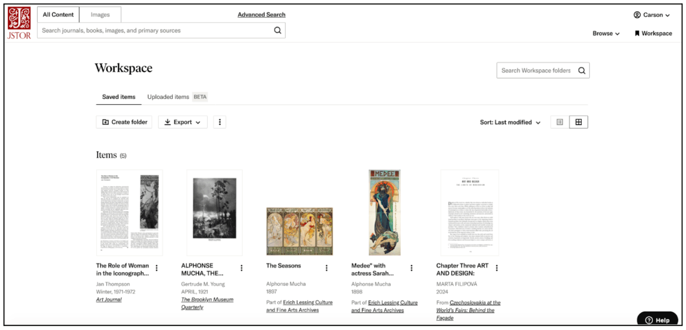 Screenshot of a JSTOR Workspace page displaying saved research items, including journal articles and images of artworks by Alphonse Mucha, organized in a grid layout.