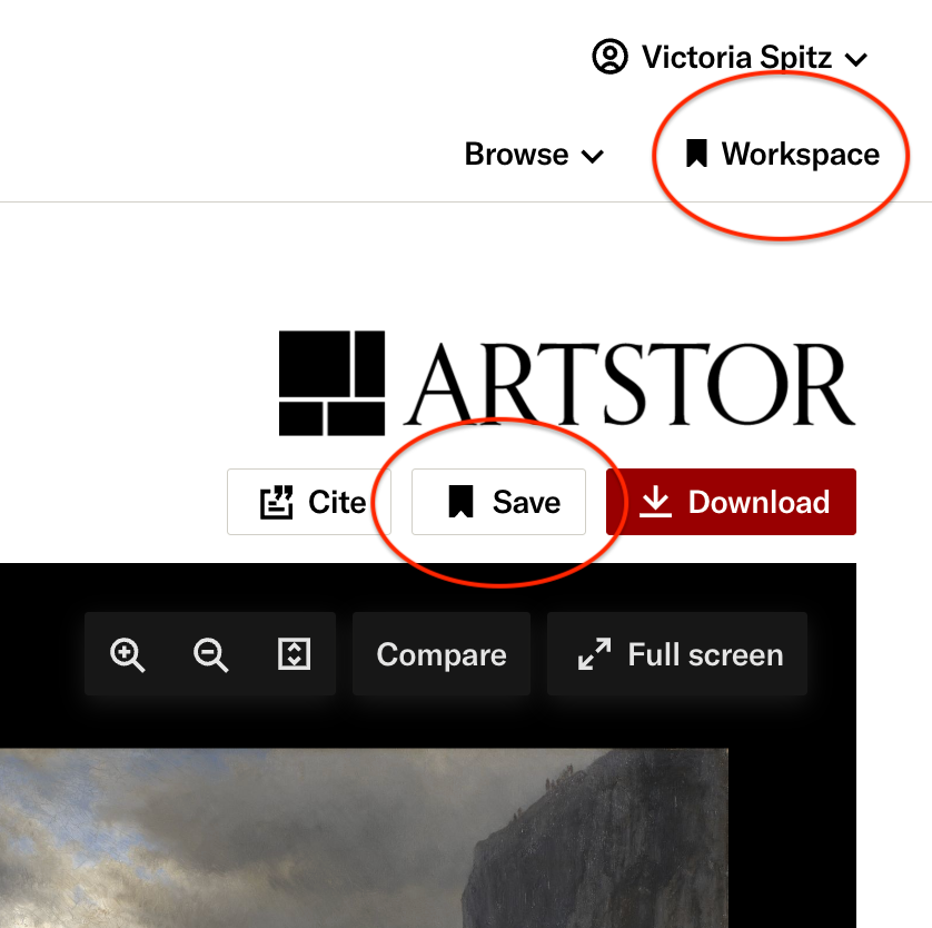 A screenshot of the JSTOR interface with red circles highlighting the Workspace link in the top navigation and the Save button below the Artstor logo.