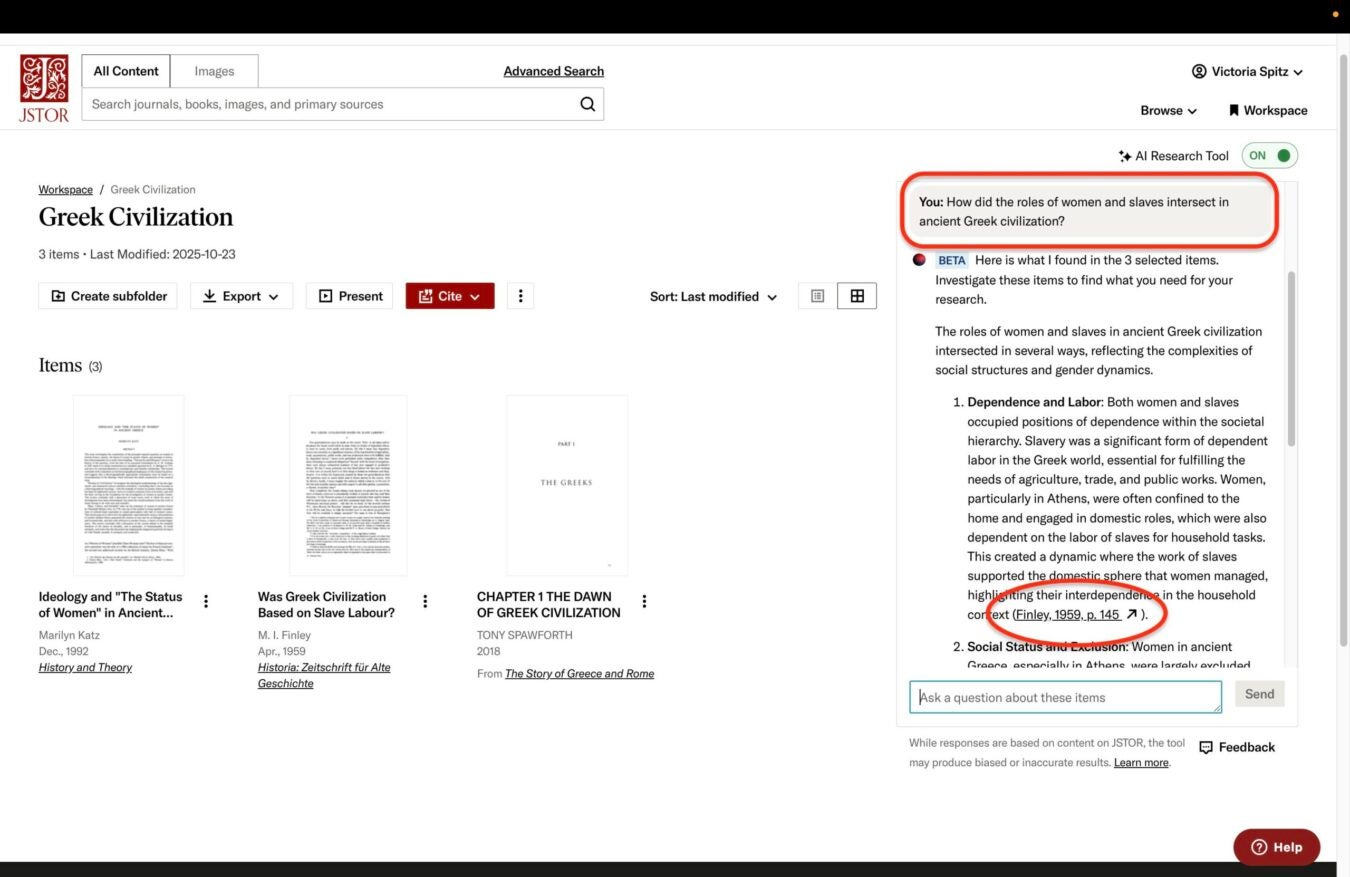 A JSTOR Workspace folder titled “Greek Civilization” with the AI Research Tool open. A question about women and slaves in ancient Greece appears with an AI-generated summary citing Finley, 1959.
