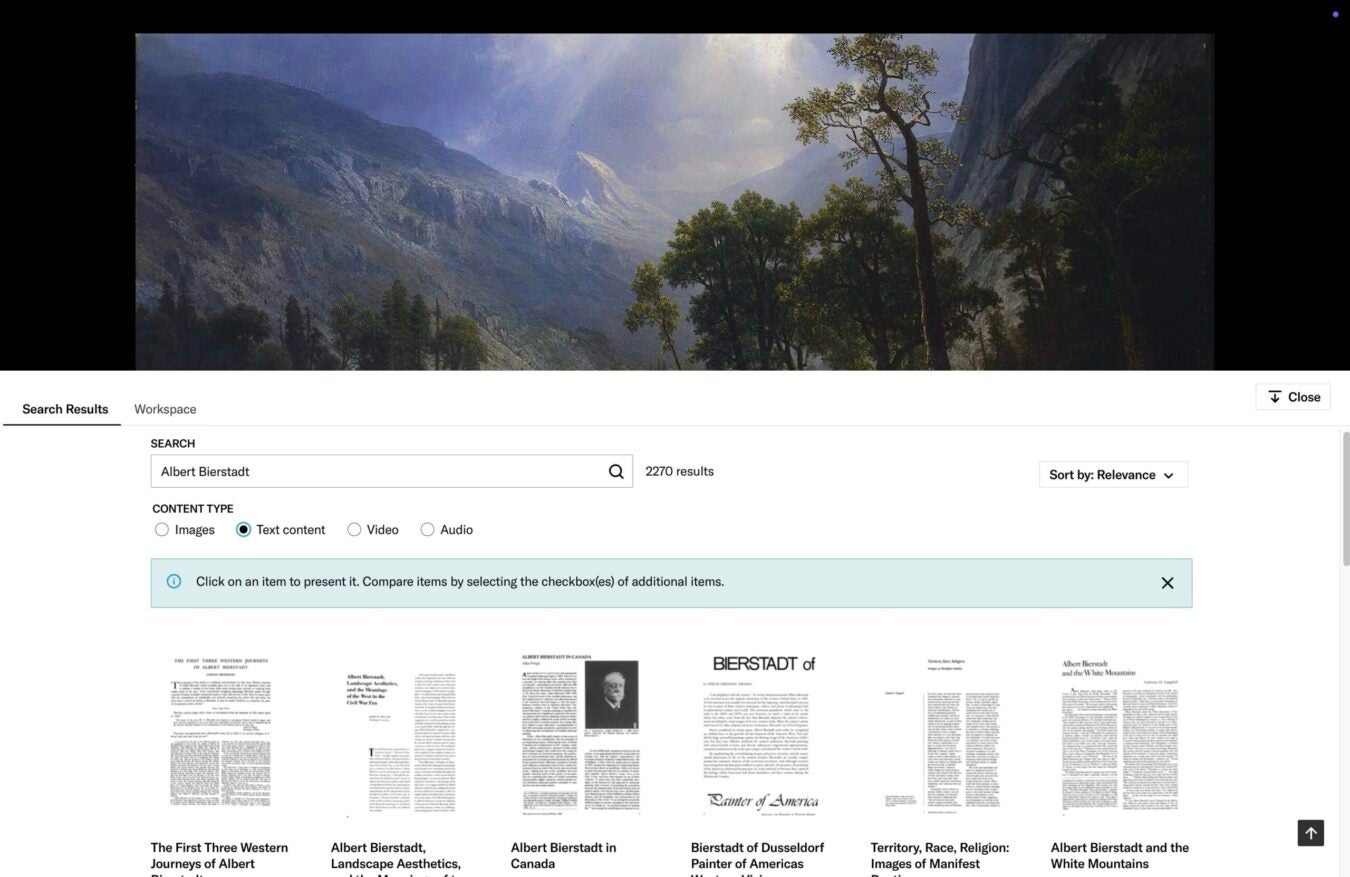 A JSTOR search results page displaying “Albert Bierstadt” in the search bar, with results including articles and images, and the painting “Yosemite Valley” shown in the header.
