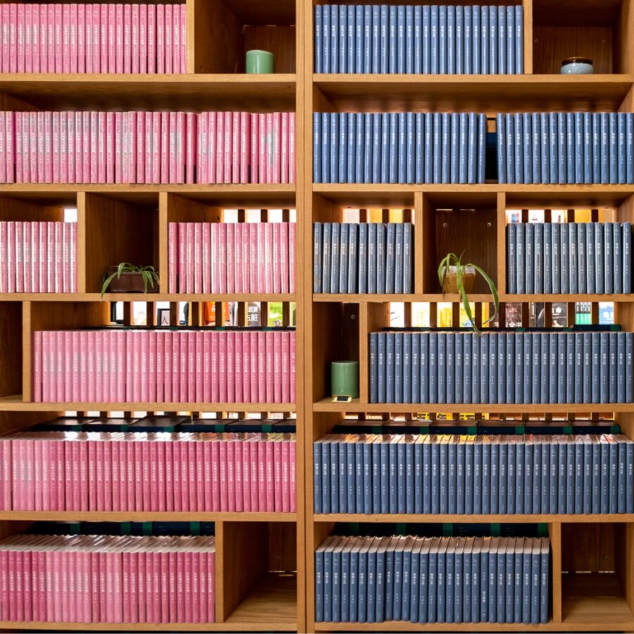 Wooden bookshelves filled with neatly arranged red and blue hardcover volumes, accented by small potted plants and decorative items.