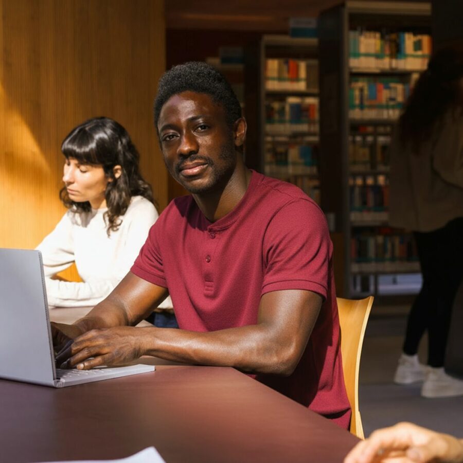 Person working on a laptop in a library, looking up and smiling, with another person studying in the background.