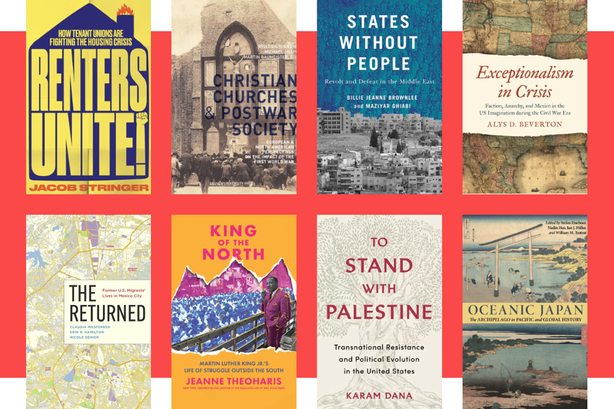 Collage of colorful academic book covers on a red background.