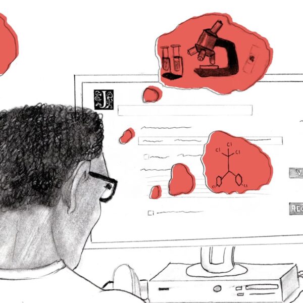 An illustration of a person looking at a computer screen displaying a JSTOR search page, with red thought bubbles showing scientific symbols like a microscope and chemical diagram.