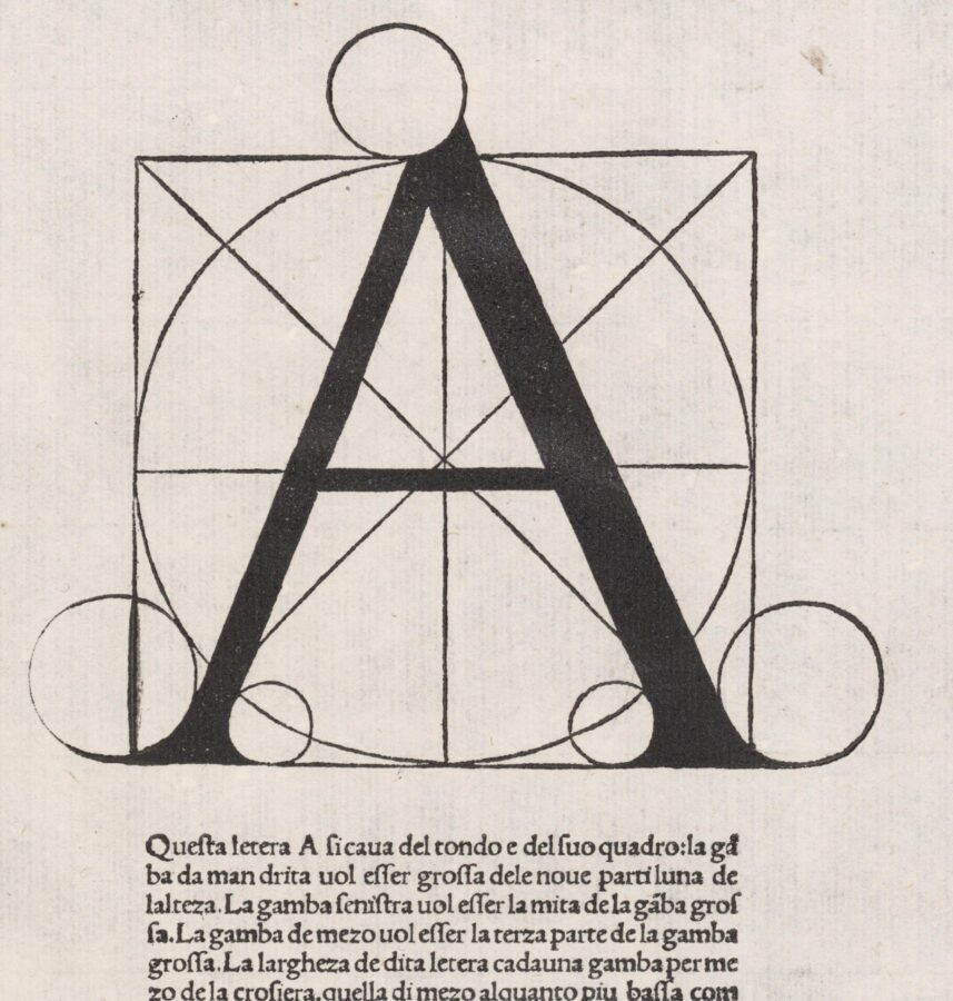 Illustration of a large capital letter “A” designed within geometric shapes including circles and squares, accompanied by Italian text explaining its proportions and construction, from a Renaissance treatise on design.