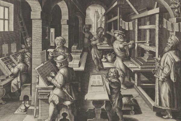 A 17th-century engraving depicting a bustling print shop where workers set type, ink presses, and inspect printed pages, illustrating the bookmaking process in early modern Europe.