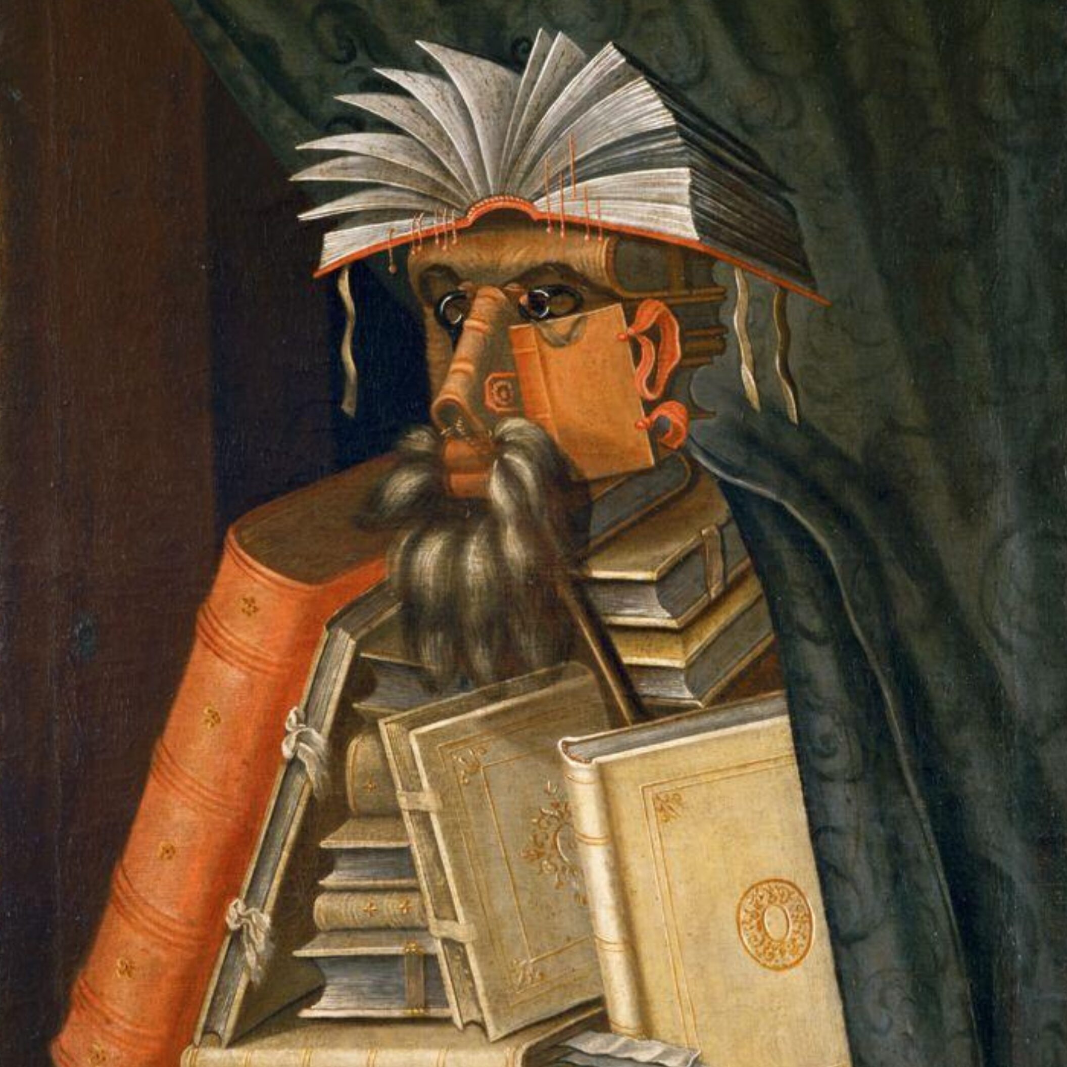 A surreal Renaissance-style painting of a man composed entirely of books—stacked volumes forming his torso, open books creating his hat, and smaller books shaping his facial features—standing against a dark green curtain.