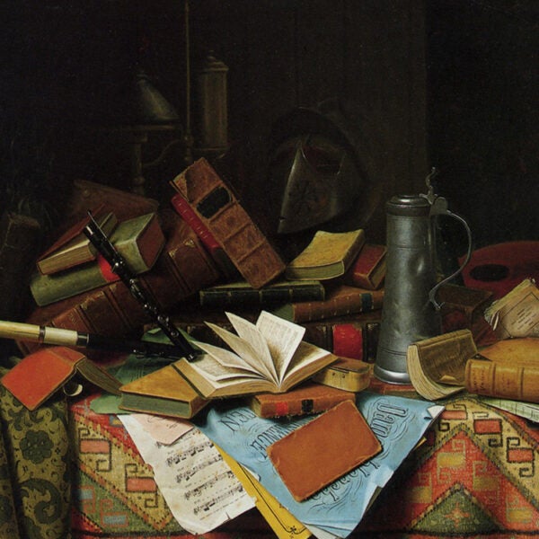 Still life painting of stacked books, sheet music, and instruments on a patterned tablecloth symbolizing knowledge and scholarship.