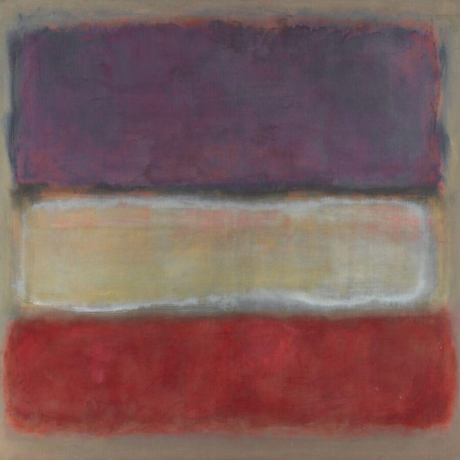 A soft-edged abstract painting with three horizontal color fields—purple, white, and red—set against a muted background.