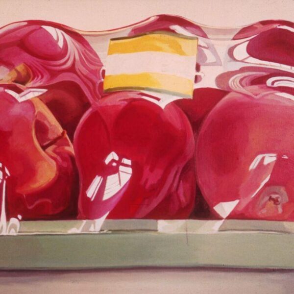 A still-life painting of bright red apples tightly packed in a clear plastic tray with a yellow-and-white label on top, the glossy wrapping creating reflections and highlights across the fruit.