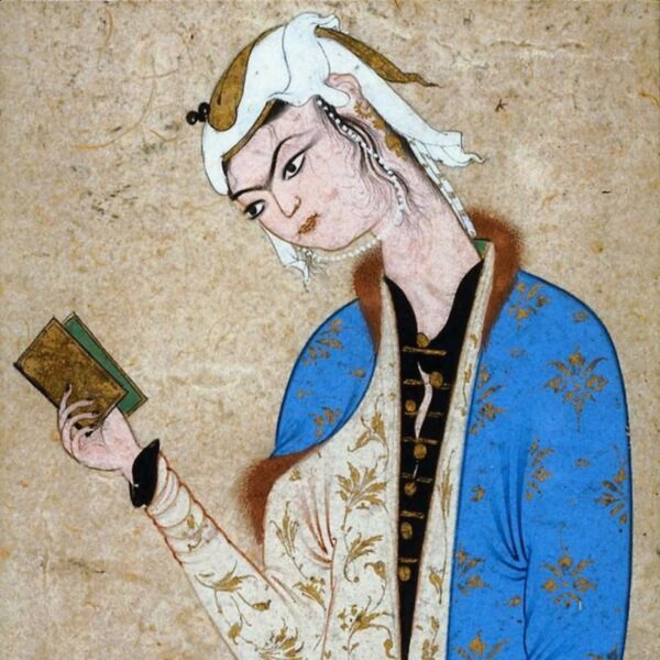 Illustration of a person in ornate blue and gold clothing holding a small book, shown in profile with a white headscarf and delicate facial features, in a traditional Persian miniature style.