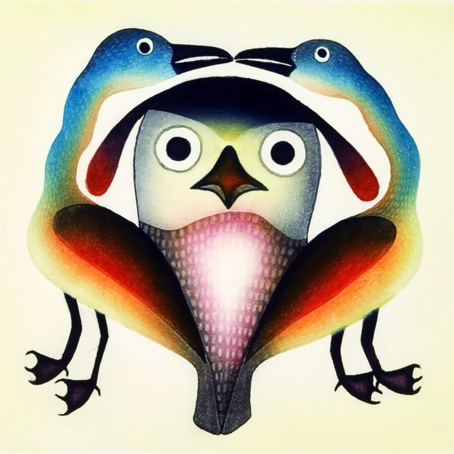 Stylized drawing of an owl-like figure with large round eyes, flanked by two brightly colored birds whose bodies curve inward to frame its head. The artwork uses smooth gradients of blue, orange, red, and yellow.