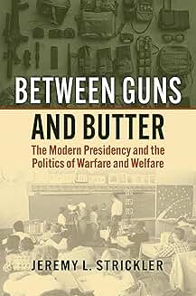 Book cover split horizontally, with military equipment arranged on the top half and a classroom of students on the bottom half. Title text is centered between the two images.