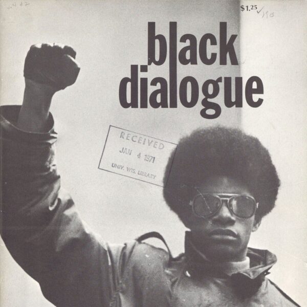 Black-and-white magazine cover titled Black Dialogue featuring a young Black man wearing sunglasses and a jacket, raising his fist in a Black Power salute; a library stamp dated Jan 4, 1971 appears across the image.