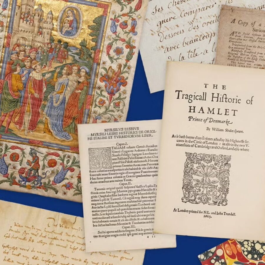 A collage of rare historical book pages, including an illuminated manuscript, handwritten letters, marbled paper, and a 1603 title page of The Tragicall Historie of Hamlet. From the Johns Hopkins University Stern Center’s Bibliotheca Fictiva collection on JSTOR.