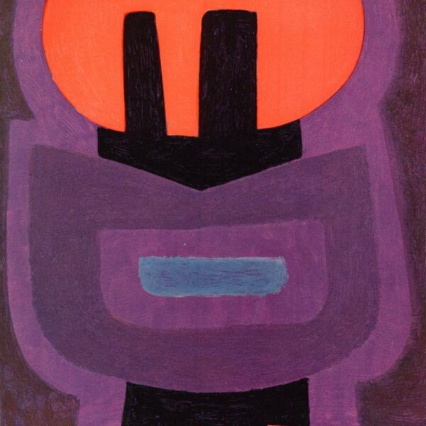 A bold abstract painting with simplified geometric shapes in purple, black, red, and blue, forming a stylized figure-like form.