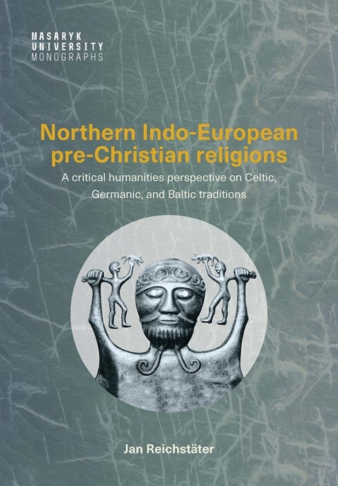 Book cover with a textured blue-gray background and a central image of an ancient carved figure holding two animals by their necks. Title text appears in yellow above the image.