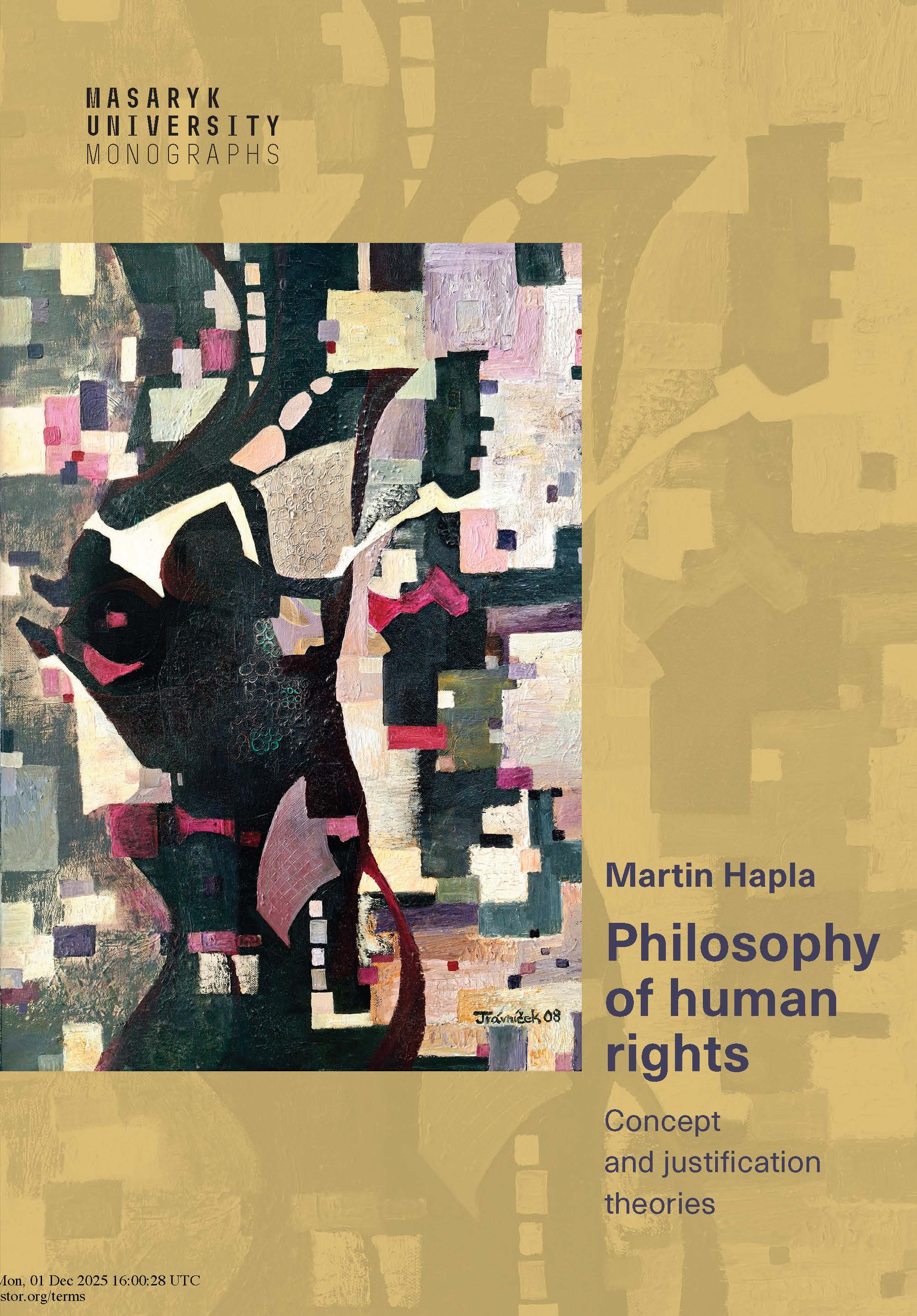Book cover combining abstract painted shapes in dark and pastel colors on the left with a muted gold background on the right. Title text appears in blue on the gold field.