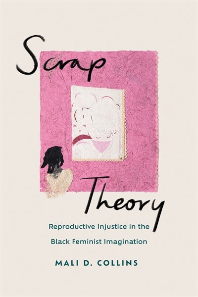 Minimalist cover with a textured pink paper collage centered on cream background. The collage includes a small abstract figure facing a white rectangular panel. Handwritten-style text spells “Scrap Theory.”