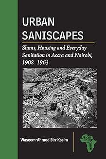 Book cover featuring a black-and-white aerial photograph of an urban settlement with densely packed buildings. A green vertical stripe on the left and a small outline of Africa accent the design.