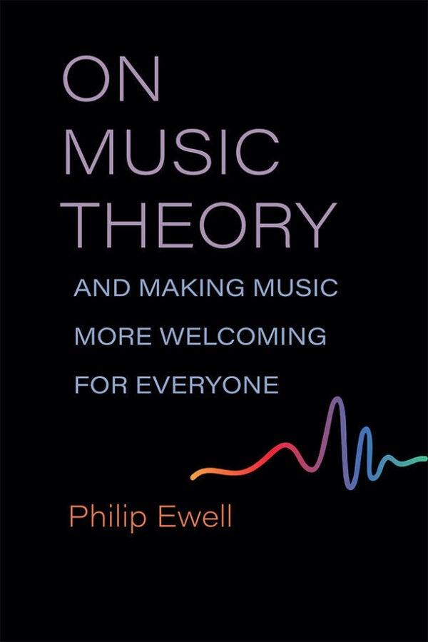 Minimalist black cover with soft purple and blue text reading “On Music Theory and Making Music More Welcoming for Everyone,” with a multicolored waveform graphic beneath the title.