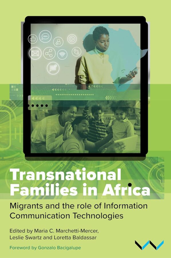 Green-toned cover showing a tablet screen with layered images of people using digital devices, communication icons, and the title “Transnational Families in Africa” with subtitle and editors’ names.